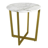 Llona 24" Round Side Table in White Marble Melamine with Matte Gold Base