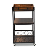 Baxton Studio Capri Vintage Rustic Industrial Oak Brown and Black Finished Mobile Metal Bar Cart with Stemware Rack