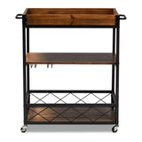 Baxton Studio Capri Vintage Rustic Industrial Oak Brown and Black Finished Mobile Metal Bar Cart with Stemware Rack