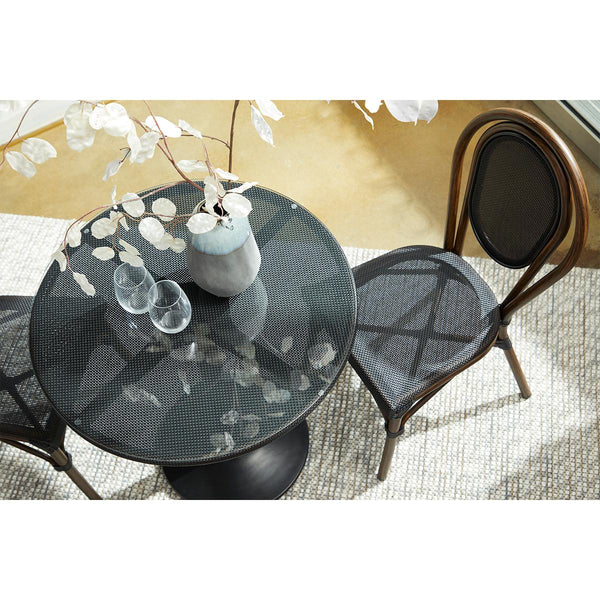 Erlend 30" Round Dining Table has a Tempered Glass Top Over Black Textylene Mesh with Black Column and Base