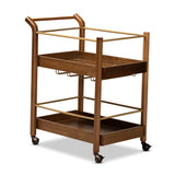 Tahir Modern and Contemporary Walnut Brown Finished Wood and Antique Gold Finished Metal 2-Tier Mobile Bar Cart
