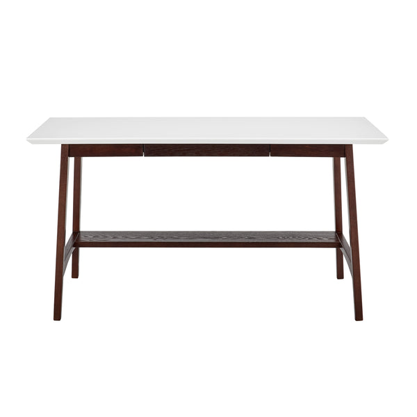 Manon Desk in Matte White with Dark Walnut Legs and Shelf