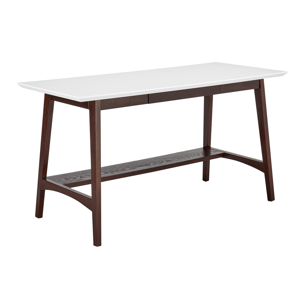 Manon Desk in Matte White with Dark Walnut Legs and Shelf