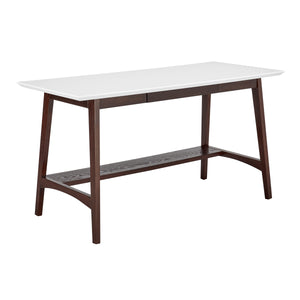 Manon Desk in Matte White with Dark Walnut Legs and Shelf