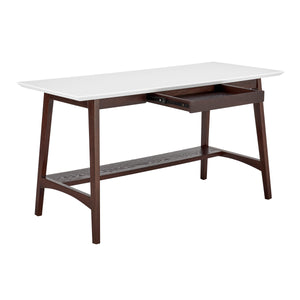 Manon Desk in Matte White with Dark Walnut Legs and Shelf