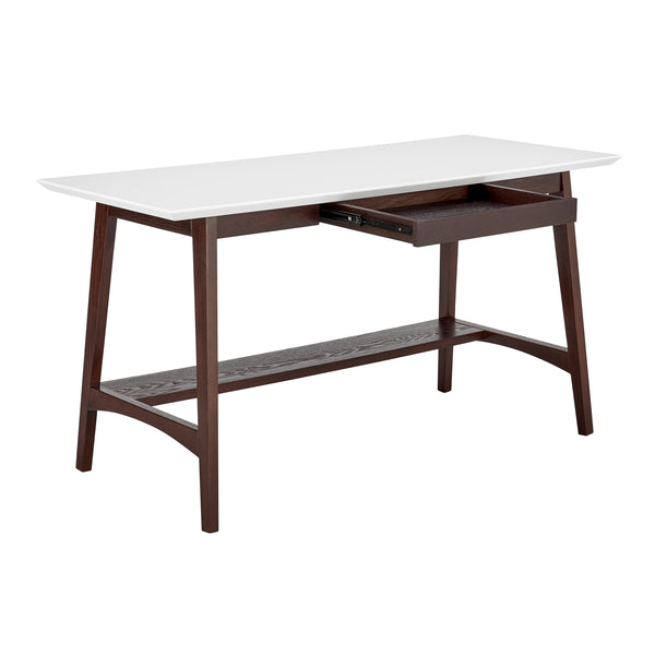 Manon Desk in Matte White with Dark Walnut Legs and Shelf