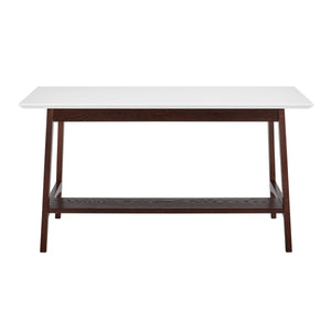 Manon Desk in Matte White with Dark Walnut Legs and Shelf