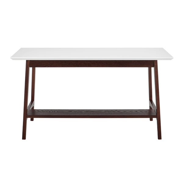 Manon Desk in Matte White with Dark Walnut Legs and Shelf