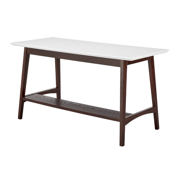 Manon Desk in Matte White with Dark Walnut Legs and Shelf