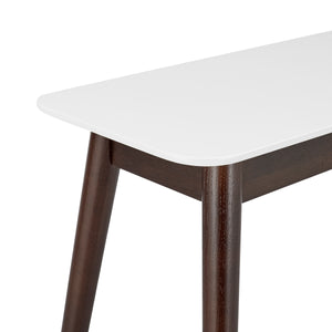 Manon Desk in Matte White with Dark Walnut Legs and Shelf
