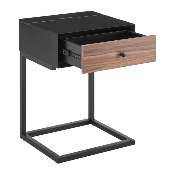 EuroStyle Daeg Smart Side Table in Matte Black with American Walnut Veneer Drawer 90442-BLK