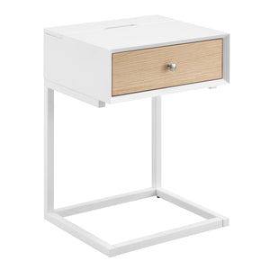 EuroStyle Daeg Smart Side Table in Matte White with Natural Oak Veneer Drawer 90442-WHT