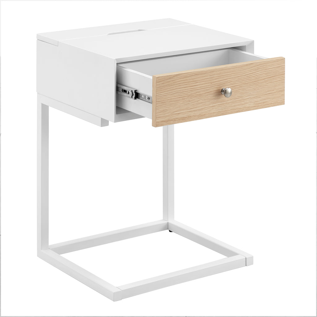 EuroStyle Daeg Smart Side Table in Matte White with Natural Oak Veneer Drawer 90442-WHT
