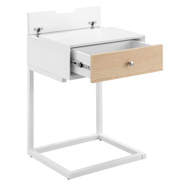 EuroStyle Daeg Smart Side Table in Matte White with Natural Oak Veneer Drawer 90442-WHT