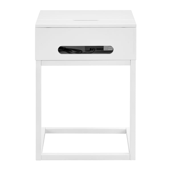 EuroStyle Daeg Smart Side Table in Matte White with Natural Oak Veneer Drawer 90442-WHT