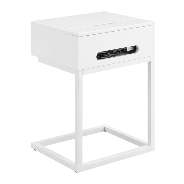 EuroStyle Daeg Smart Side Table in Matte White with Natural Oak Veneer Drawer 90442-WHT