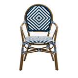 Orla Stacking Armchair in Blue/White Polyethylene Rattan with Light Brown Powder Coated Frame - Set of 2