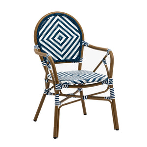 Orla Stacking Armchair in Blue/White Polyethylene Rattan with Light Brown Powder Coated Frame - Set of 2