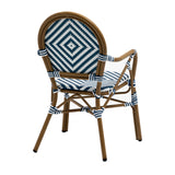 Orla Stacking Armchair in Blue/White Polyethylene Rattan with Light Brown Powder Coated Frame - Set of 2