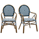 Orla Stacking Armchair in Blue/White Polyethylene Rattan with Light Brown Powder Coated Frame - Set of 2
