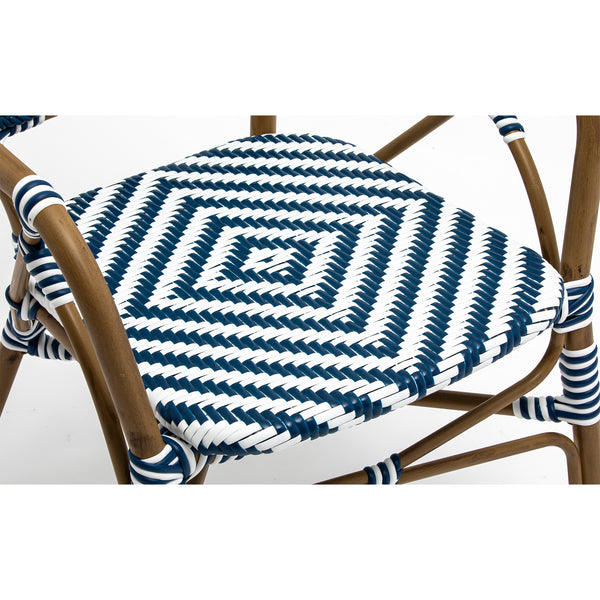 Orla Stacking Armchair in Blue/White Polyethylene Rattan with Light Brown Powder Coated Frame - Set of 2