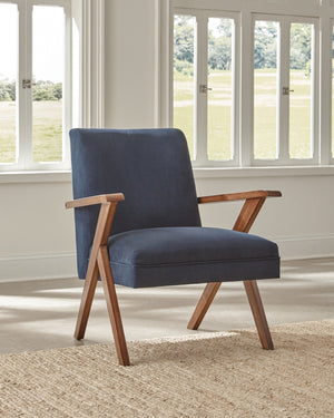 Monrovia Contemporary Wooden Arms Accent Chair Dark Blue and Walnut