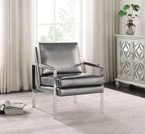 Modern Accent Chair with Chrome Frame, Padded Armrests & Leatherette Upholstery for Chic Living Spaces