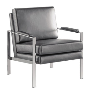 Modern Accent Chair with Chrome Frame, Padded Armrests & Leatherette Upholstery for Chic Living Spaces