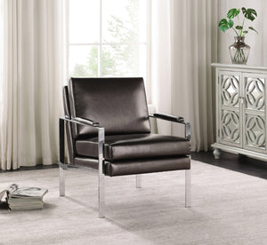 Modern Accent Chair with Chrome Frame, Padded Armrests & Leatherette Upholstery for Chic Living Spaces