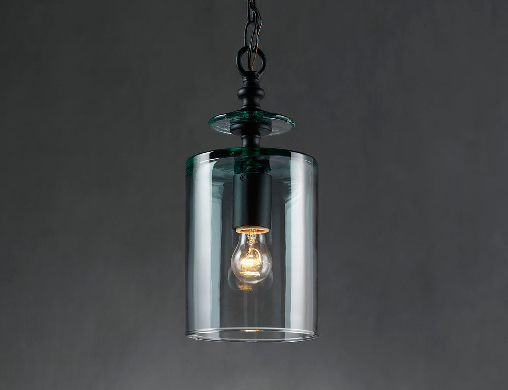 Panorama Small Pendant Light – Hand-Blown Recycled Glass, Industrial Chic Design, Satin Black Finish