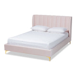 Saverio Glam and Luxe Velvet Fabric Upholstered Queen Size Platform Bed with Gold Tone Legs