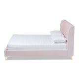 Baxton Studio Saverio Glam and Luxe Light Pink Velvet Fabric Upholstered Queen Size Platform Bed with Gold-Tone Legs