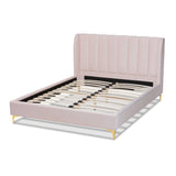 Baxton Studio Saverio Glam and Luxe Light Pink Velvet Fabric Upholstered Queen Size Platform Bed with Gold-Tone Legs