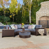 Madras Tortuga Outdoor Wicker Navy Blue  8 pc 1/2 Round Seating Set w/ Ice Bucket Ottoman Noble House