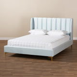 Baxton Studio Saverio Glam and Luxe Light Blue Velvet Fabric Upholstered Queen Size Platform Bed with Gold-Tone Legs