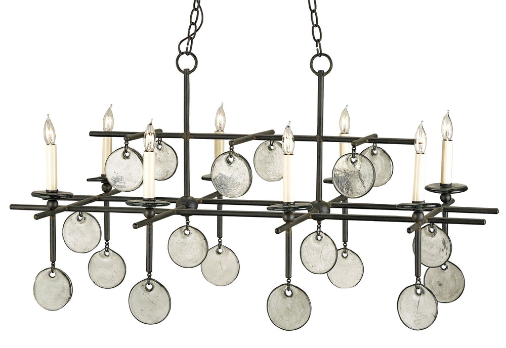 Sethos Black Rectangular Chandelier - Vintage Wrought Iron with Recycled Glass Accents, 42" Wide