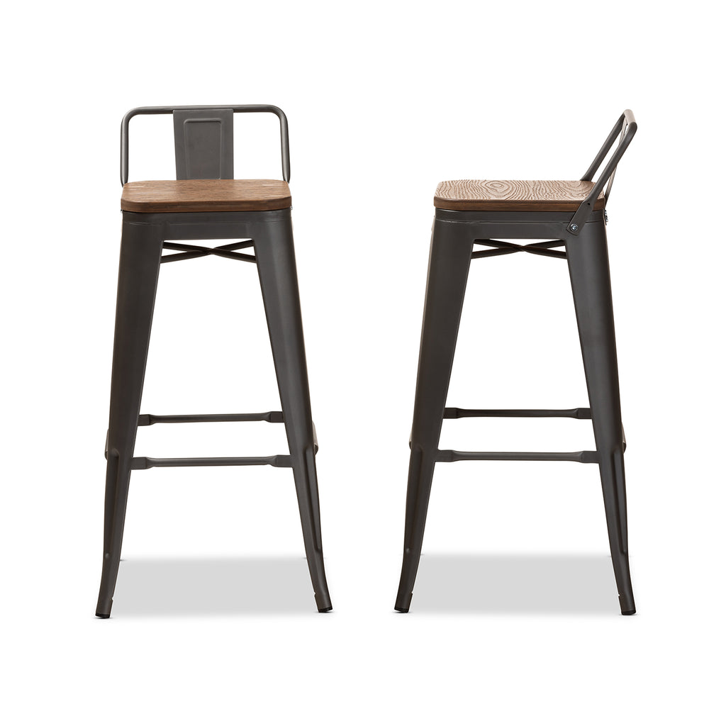 Baxton Studio Henri Vintage Rustic Industrial Style Tolix-Inspired Bamboo and Gun Metal-Finished Steel Stackable Bar Stool with Backrest Set