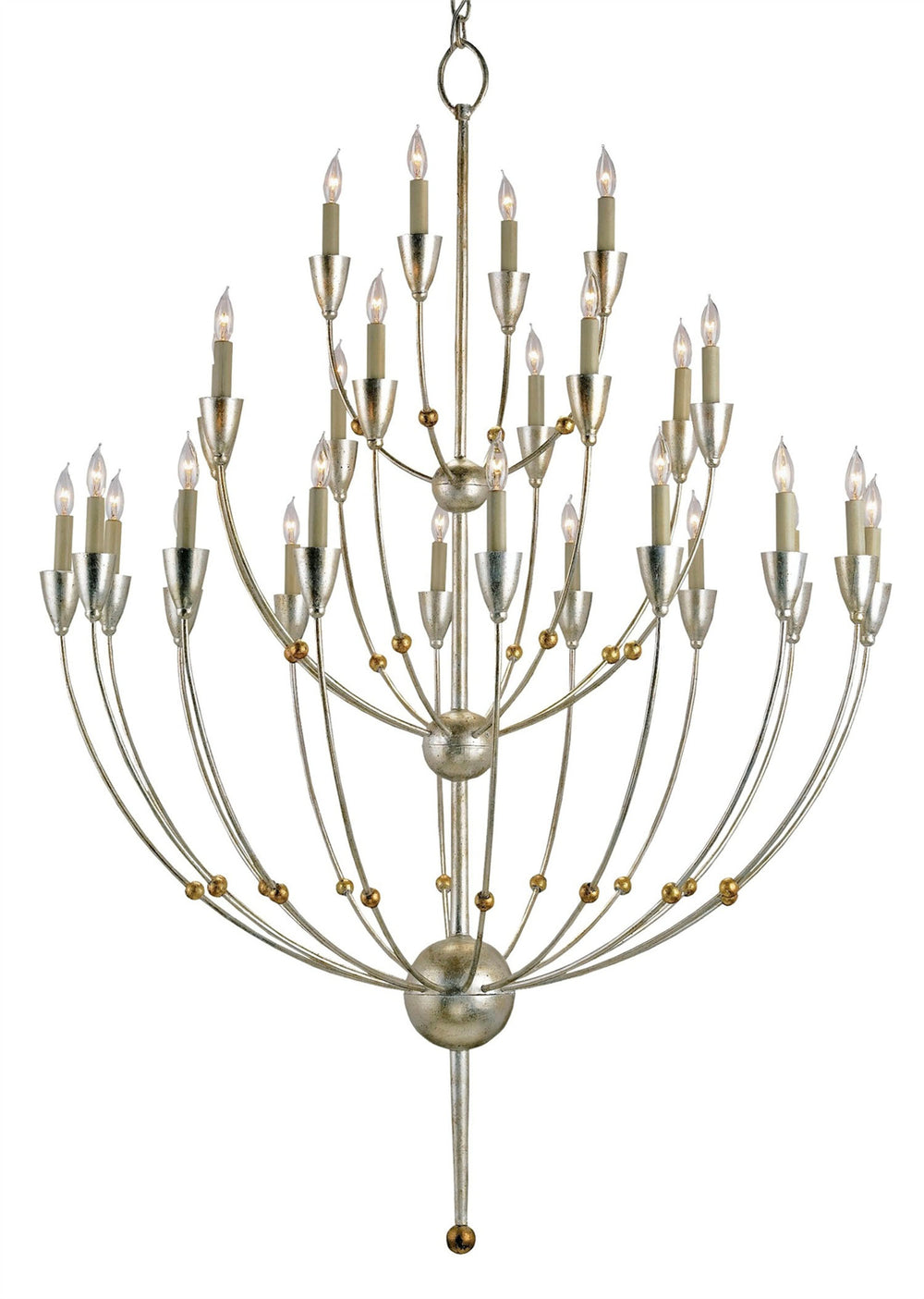 Paradox Chandelier - Elegant 28-Light Modern Silver Fixture with Gold-Leaf Accents & Wrought Iron Arms