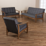 Baxton Studio Larsen Mid-Century Modern Gray Fabric Upholstered Walnut Wood 3-Piece Living Room Set