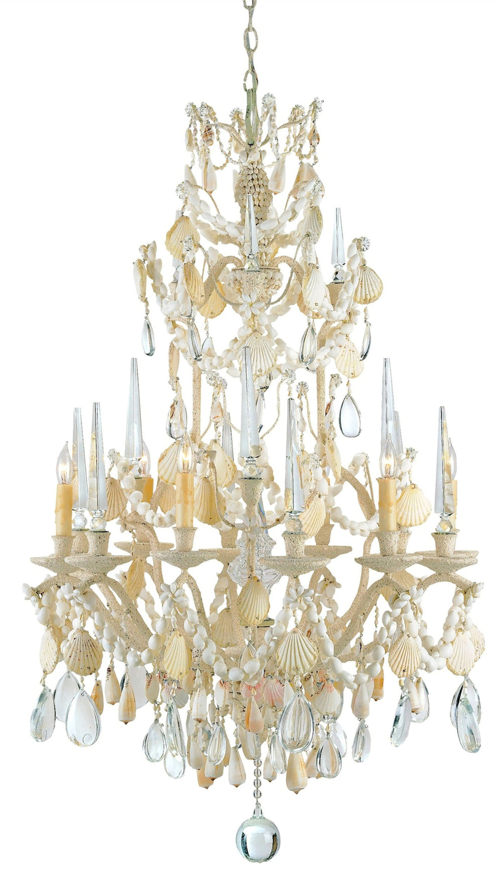 Buttermere Chandelier: Elegant Wrought Iron & Crystal Design with Seashells for Coastal Charm, 46" Height