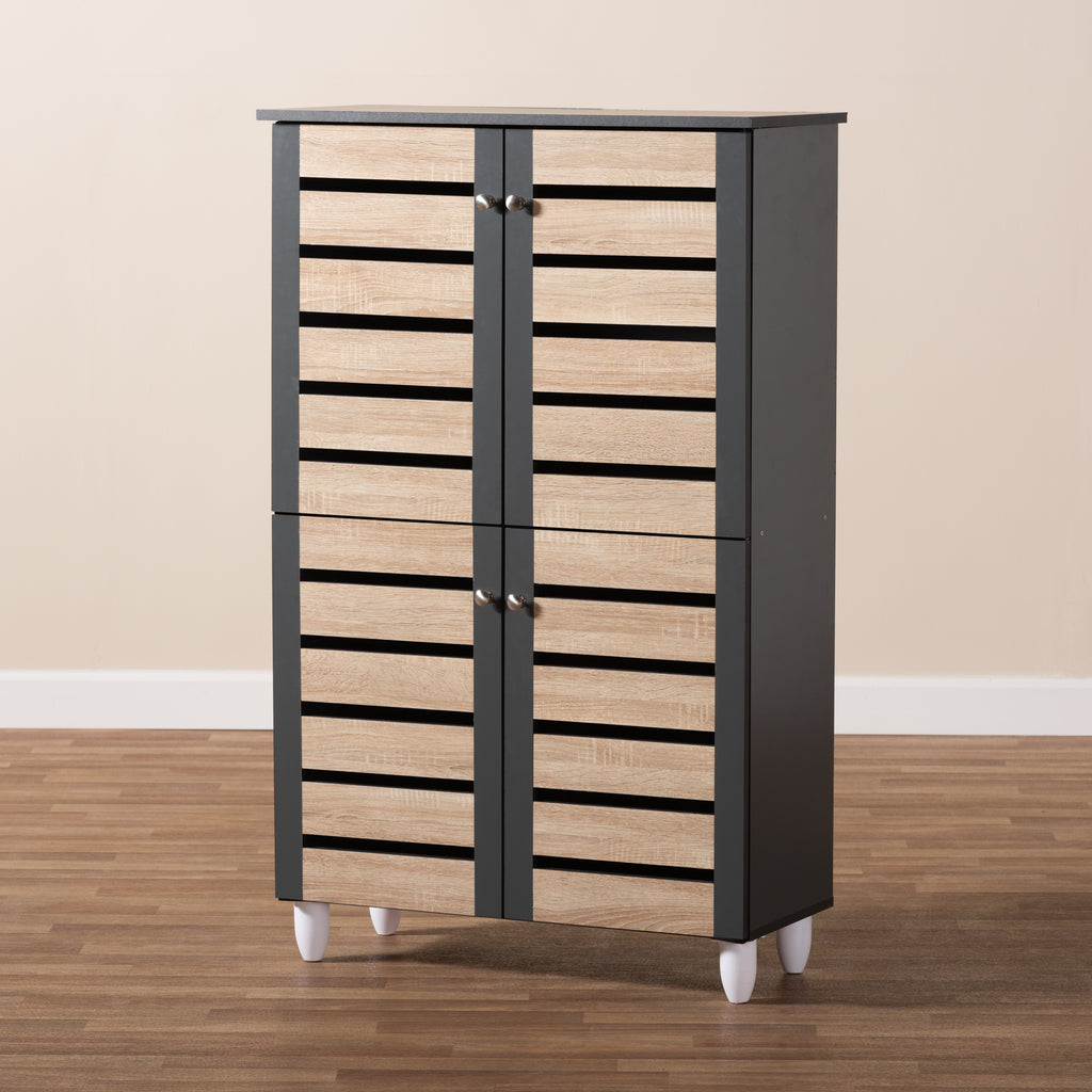 Gisela Modern Contemporary Two Tone Oak and Dark Gray Shoe Storage