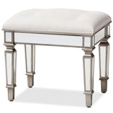 Marielle Hollywood Regency Glamour Style Off White Fabric Upholstered Mirrored Ottoman Vanity Bench