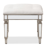 Baxton Studio Marielle Hollywood Regency Glamour Style Off White Fabric Upholstered Mirrored Ottoman Vanity Bench