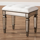 Baxton Studio Marielle Hollywood Regency Glamour Style Off White Fabric Upholstered Mirrored Ottoman Vanity Bench