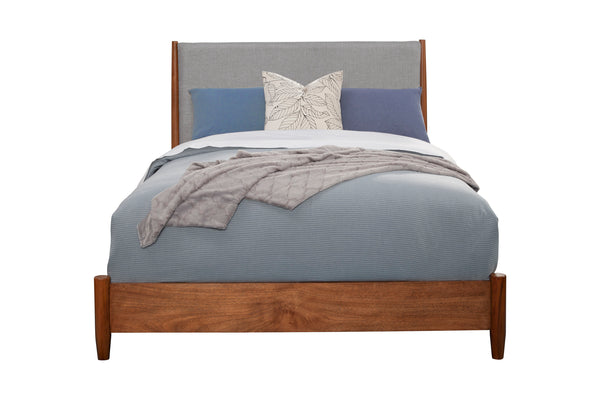 Alpine Furniture Flynn Mid Century Modern Two Tone Queen Panel Bed, Acorn/Grey 999-01Q Acorn  with Grey Upholstered Headboard Mahogany Solids & Okoume Veneer 64 x 86 x 52