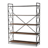 Mirna Industrial Black Iron Metal and Natural Oak Wood 5-Shelf Quatrefoil Accent Bookcase