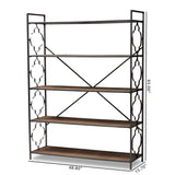 Baxton Studio Mirna Industrial Black Iron Metal and Natural Oak Wood 5-Shelf Quatrefoil Accent Bookcase