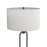 Contemporary Industrial Floor Lamp with White Linen Drum Shade and Stylish Orb Base Design