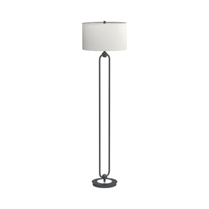 Contemporary Industrial Floor Lamp with White Linen Drum Shade and Stylish Orb Base Design