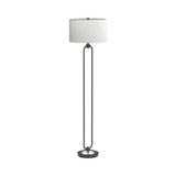 Contemporary Industrial Floor Lamp with White Linen Drum Shade and Stylish Orb Base Design